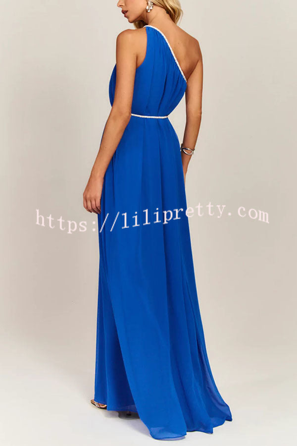 Elly One Shoulder Rhinestone Details Removable Belt A-line Maxi Dress