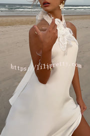 Floral Embellished Satin Halterneck Backless Resort Maxi Dress
