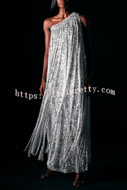 Holiday Muse Sequined Slit Tassels One Shoulder H-line Maxi Dress