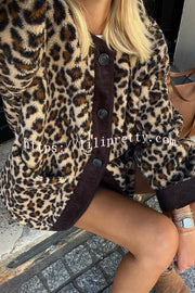 Warm Feel Colorblock Leopard Print Plush Button Up Pocketed Teddy Jacket