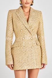 Heels Click Tweed Fabric Pearl Button Long Sleeve Lapel Blazer Mini Dress
