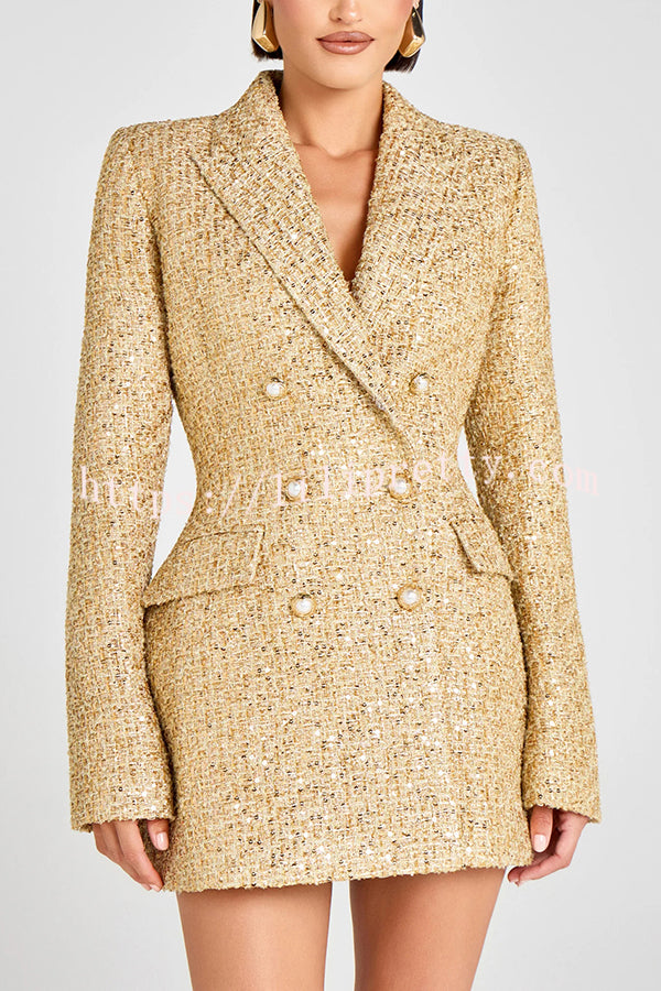 Heels Click Tweed Fabric Pearl Button Long Sleeve Lapel Blazer Mini Dress