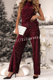 Stylish Sparkly Velvet Sequin Sleeveless Pleated Top and Casual Wide-leg Pants Set