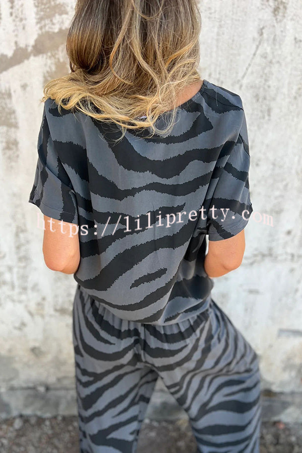 Zebra Print V-neck Short-sleeved Lace-up Top and Elastic Waist Pocket Straight-leg Pants Set