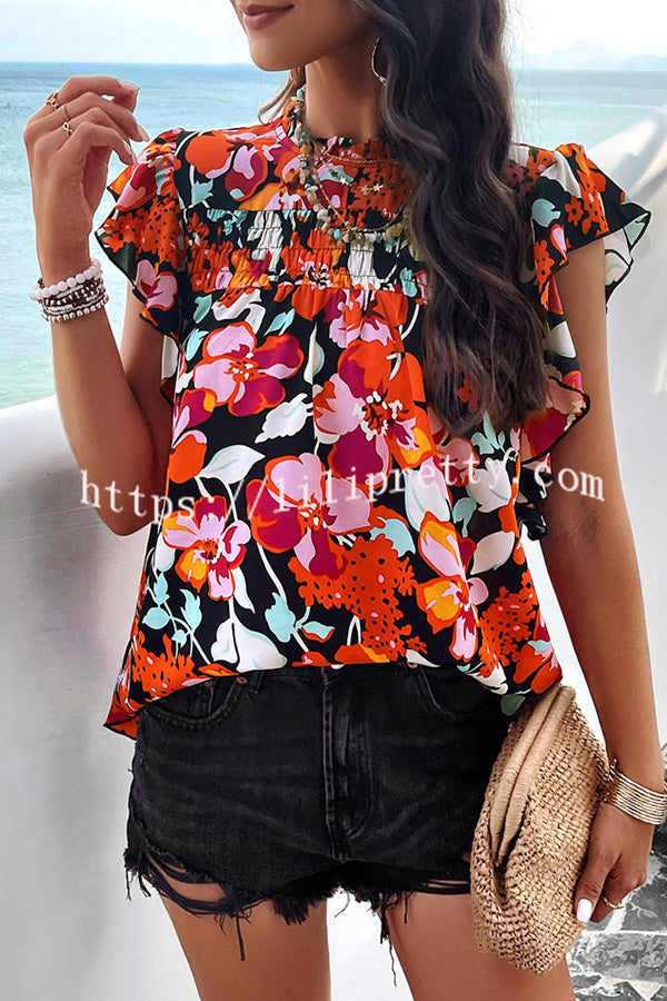 Floral Print Pleated Crew Neck Pullover Top