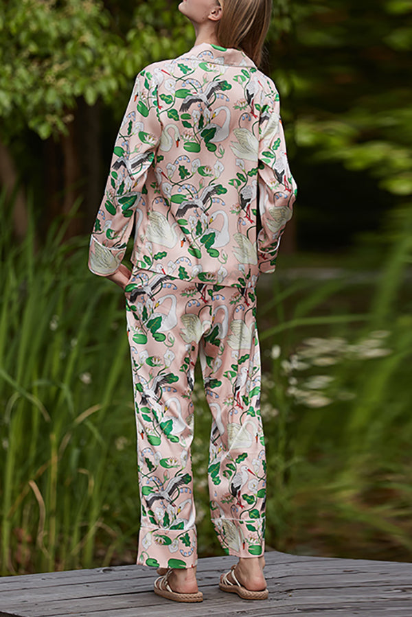 Swan Crane Printed Home Long Sleeved Two-piece Set