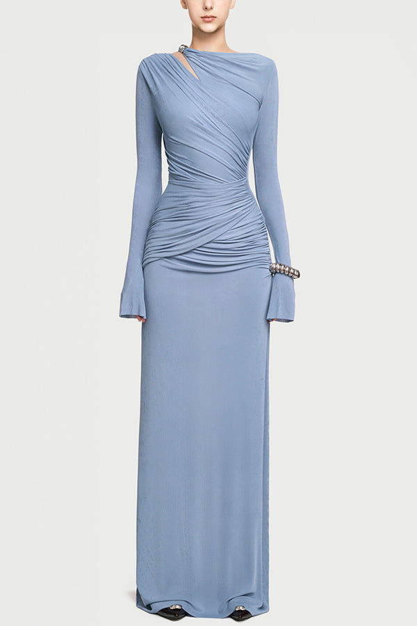 Stylish Long-sleeved Slim-fit Pleated Elegant Maxi Dress