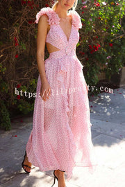 Wedding Dreams Chiffon Printed Flutter Sleeve Cutout Back Lace-up Maxi Dress