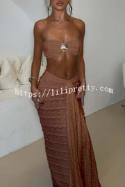 Fashion Metal Shell Embellished Sexy Bandeau and Elastic Tie Maxi Skirt Set