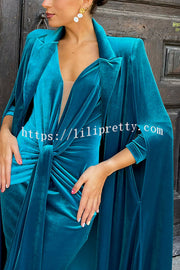 Olivienne Luxurious Velvet Padded Shoulders Slit Sleeve Lapel Midi Cape