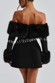 Cute and Luxe Faux Fur Trim Off Shoulder Bubble Shaped Mini Dress