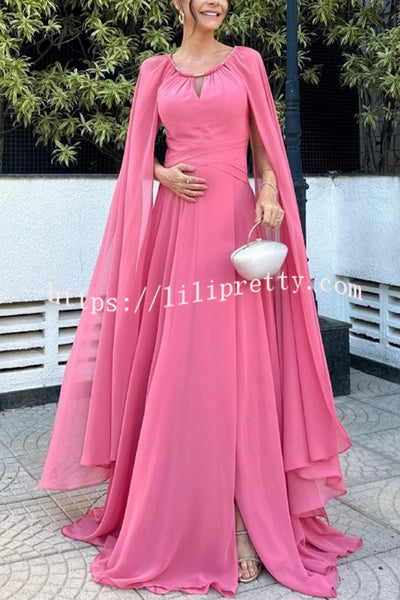 Party Crasher Metal Ring Cutout Neck Cape Slit Maxi Dress