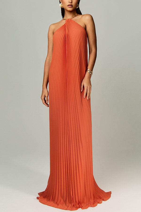 Coralie Pleated Metal Ring Halter Backless Loose Maxi Dress