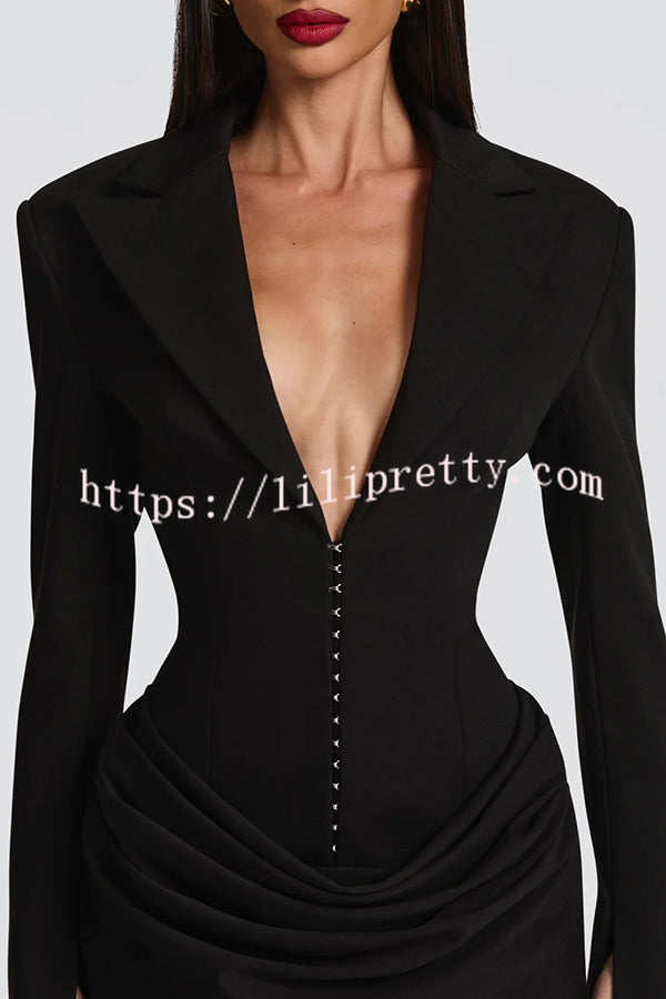 Solid Color Slim-fit V-neck Elegant Draped Formal Mini Dress