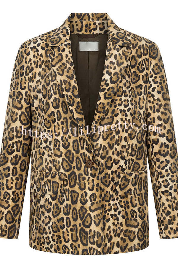 Catwalk Leopard Single Button Long Sleeve Pocketed Lapel Boyfriend Blazer