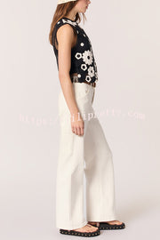 Fashionable Embroidered Hollow Crochet Sleeveless Round Neck Knitted Vest