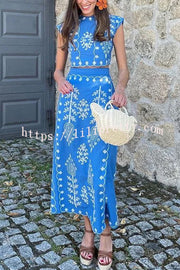 Lilipretty® Rima Linen Blend Ethnic Print Crop Top & Tire-up Wrap Midi Skirt Set