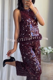 Gala Goddess Sequin Faux Fur Trim Crew Neck Sleeveless Loose Top