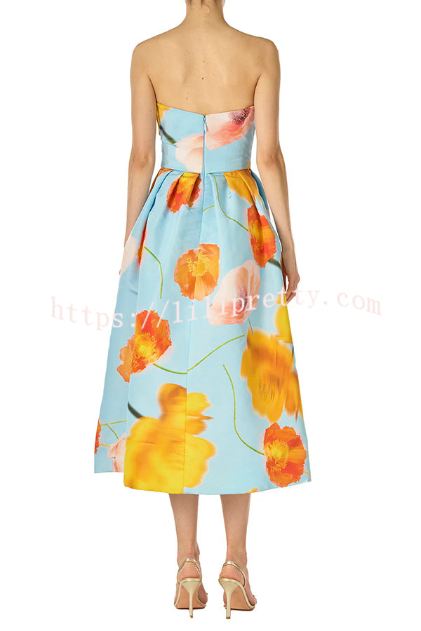 Floral Print Off Shoulder Backless Elegant Midi Dress