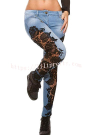 Sexy Side Lace Crochet Appliques Stretch Jeans