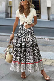 Lilipretty Rosine Ethnic Print Elastic Waist Tiered Midi Skirt