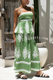 Unique Ethnic Print Suspender Pleated Top and Elastic Waist Loose Wide-leg Pants Set