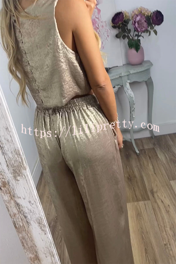 Rita Metallic Fabric Back Buttons Crop Tank and Elastic Waist Pocketed Wide Leg Pants Set