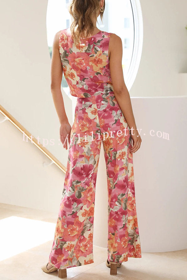 Lilipretty Truly Darling Floral Square Neck Tank and High Rise Wide Leg Pants Set