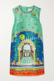 Natural Beauty Satin Unique Print Sleeveless H-line Mini Dress
