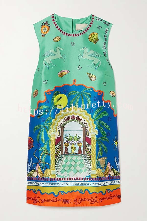 Natural Beauty Satin Unique Print Sleeveless H-line Mini Dress
