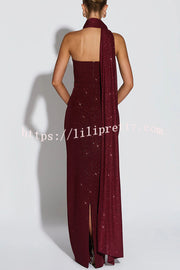 Pandra Glittery Crepe Fabric Off Shoulder Ruched Slit Cape Maxi Dress