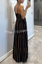 Striped Printed Suspender V-Neck Full Hem Loose Holiday Maxi Dress