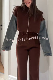 Sports Fashion Denim Patchwork Sweatshirt Fabric Zipper Long Sleeve Loose Jacket