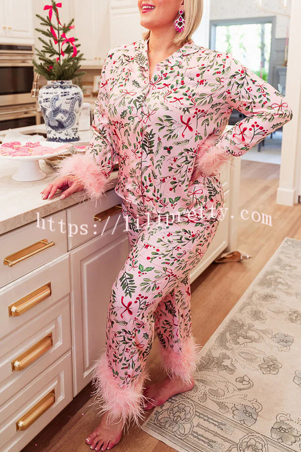 Iconic Holiday Printed Feather Trim Elastic Waist Pocketed Pajama Set (Best Christmas Gift for the Holiday)
