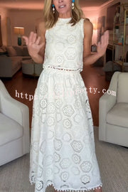 Nice Try Embroidered Crochet Lace Tassle Trim Elastic Waist Midi Skirt