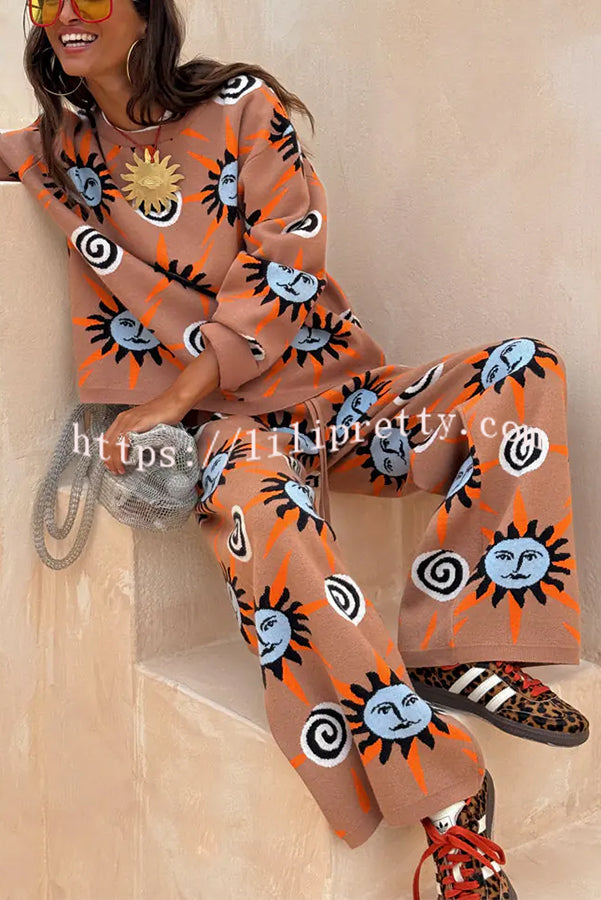 Mediterranean Art Knit Unique Sun Vortex Print Elastic Waist Wide Leg Pants