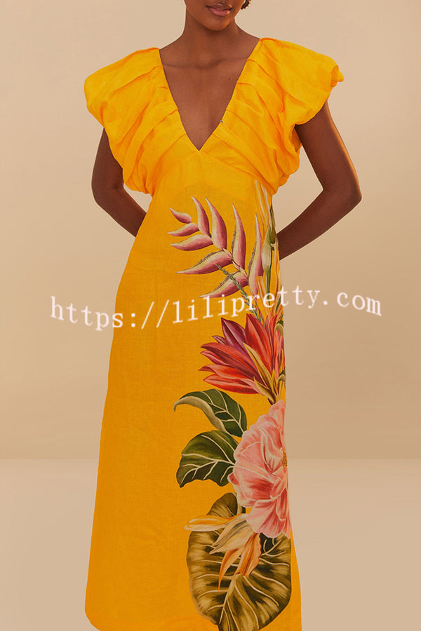 Plant Print V-neck Open Back Holiday Style Slit Midi Dress