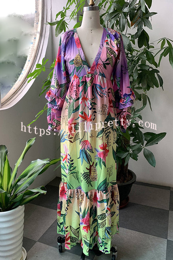 Jessy Tropical Print Tiered Ruffle Balloon Sleeve Vacation Maxi Dress