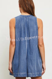 Downtown Daze Denim Pleated Tie-up Pocketed Loose Romper