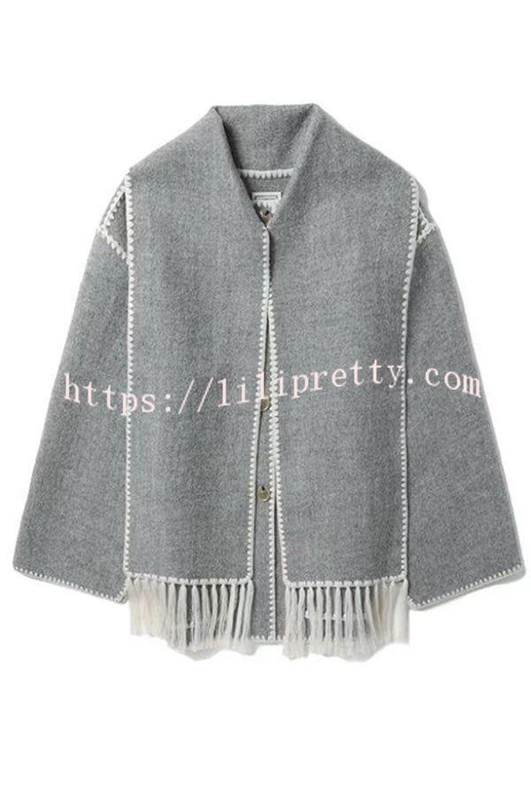 Stylish Loose Pocket Long Sleeve Coat and Warm Fringed Scarf