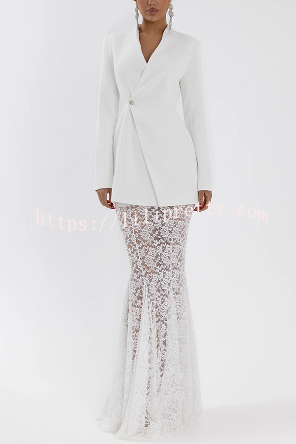Poetic Muse Stand V-neck Rhinestone Button Up Long Sleeve Blazer