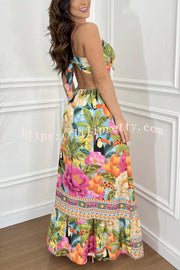 Lilipretty® Mexico Style Tropical Print Ring Cutout Lace-up Vacation Maxi Dress