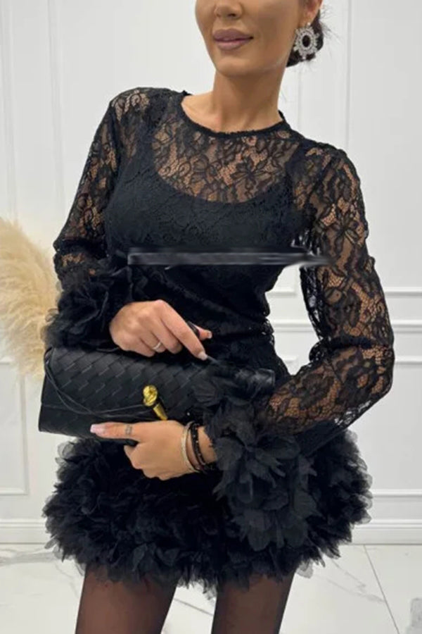 Alyssa Lace Fabric Tulle Layered Petals Trim Long Sleeve Mini Dress