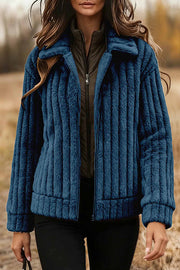 Stylish Long-sleeved Collared Zip-up Casual Plush Coat