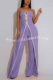 Fashionable Contrast Color Off-shoulder Metal Decoration Casual Elegant Jumpsuit