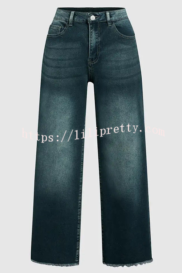 Stylish Raw-edge Mid-rise Pocket Stretch Straight-leg Jeans