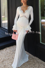Fashion Lace Splicing Sexy V-neck Long-sleeved Slim Maxi Dress