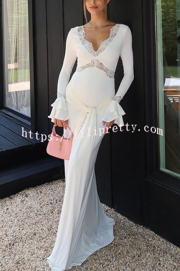 Fashion Lace Splicing Sexy V-neck Long-sleeved Slim Maxi Dress