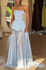 Jiya Satin Petal Hem Pearl Detail Chiffon Cape Strapless Maxi Dress