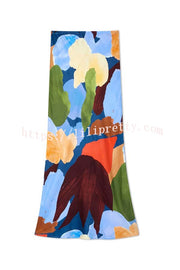 Bright and Bold Satin Abstract Color Blocks Print Elastic Waist Drape Maxi Skirt